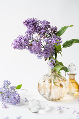 Purple lilac blossom standing in a small perfume bottle on white background. Spring flowers still life with copy space