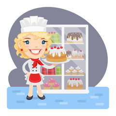 Cartoon baker girl with cake on a background of a cabinet with desserts. Composition with a professional. Flat female character.
