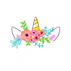 cute unicorn horn in floral wreath, t shirt, card print design