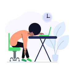 Professional burnout, working afro american woman, tired female. Flat vector illustration.