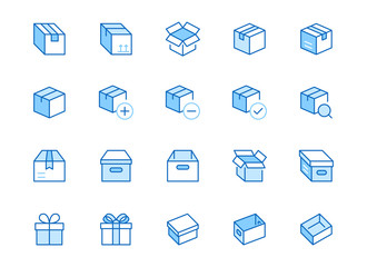 Box line icon set. Carton, cardboard boxes, product package, gift, parcel minimal vector illustrations. Simple blue outline signs for delivery service application. Editable Strokes