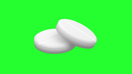 Two white pills isolated. Green Screen. 4K UHD. 3d rendering. 