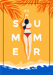 A vintage style poster with a tropical beach and a deck chair on the beach. Summer holiday poster flat design. Vector Illustration