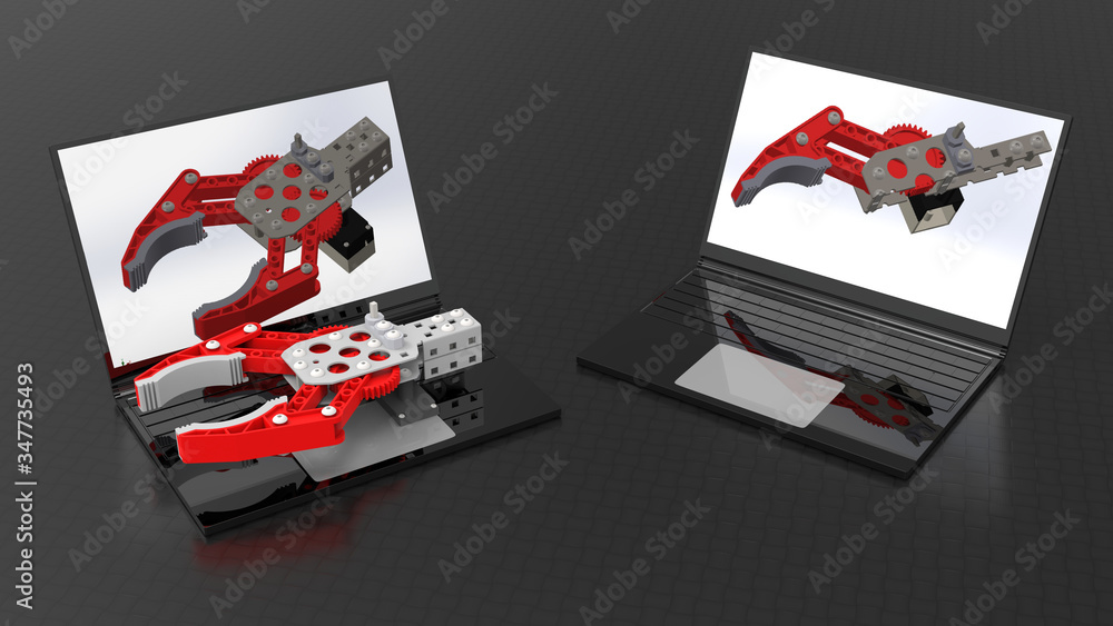 Poster 3d rendering - design a mechanical gripper on a laptop