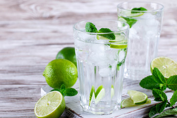 Cold refreshing summer lemonade mojito in a glass