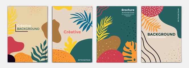 Tropical minimal Cover Design Layout Template in A4 size, greeting cards. Frame with tropic leaves. Ideal for party poster, greeting card, banner or invitation. Vector Illustration