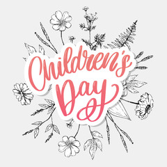 happy children's day, cute vector greeting card with funny letters in scandinavian style and cartoon landscape