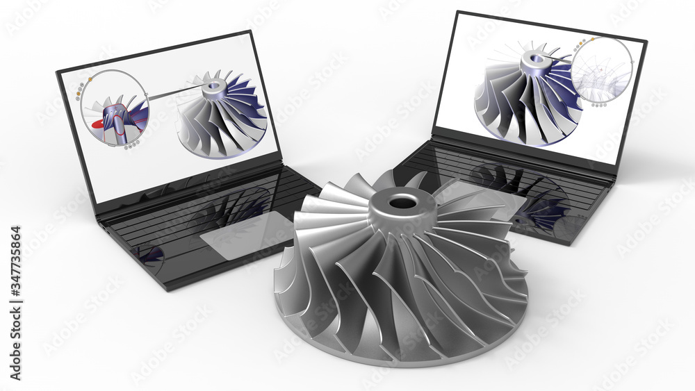Poster 3d rendering - design a turbine on a laptop concept