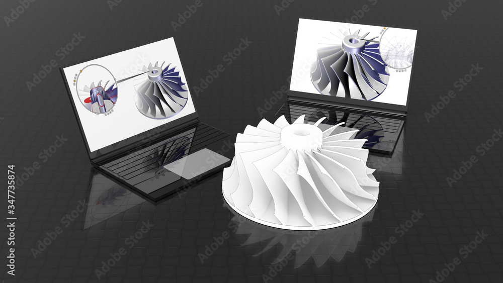 Poster 3d rendering - design a turbine impeller on a laptop