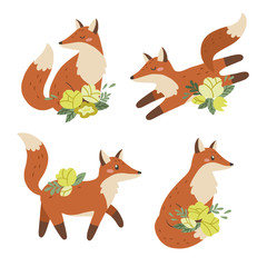 Set of cute foxes with yellow flowers. Vector illustration.