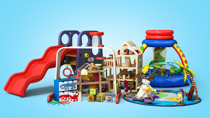 goods for kids childrens furniture and toys 3d render on blue gradient