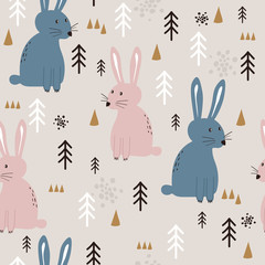 Fototapeta na wymiar Bunnies, fir trees, hand drawn backdrop. Colorful seamless pattern with animals. Decorative cute wallpaper, good for printing. Overlapping background vector. Design illustration, rabbits