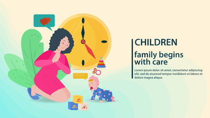 A young mother looks at a baby a toddler who is moving a happy family taking care of children the concept of banner design and websites vector flat illustration