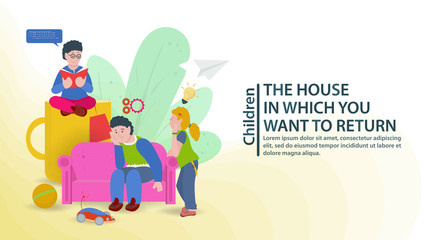 father and children have fun reading the book happy family taking care of children banner and website design concept vector flat illustration