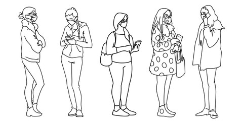 People in medical masks. Vector illustration of masked women in linear style isolated on white background. Respiratory protection. Facial tissue to prevent diseases, flu, pollution. Women standing.