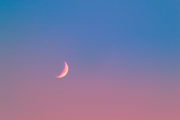 Pink Crescent Moon in blue sky with pink light on Bottom of the picture