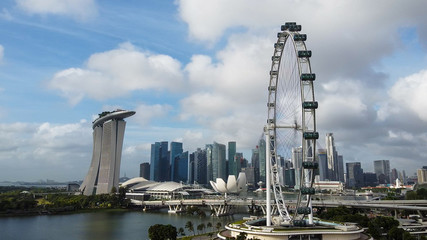 SINGAPORE - JANUARY 2, 2020: Singapore aerial skyline from city ferrys wheel. Skyscrapers view from drone