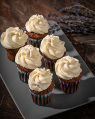 chocolate cupcakes with crackers on a plate