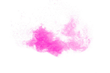 Pink dust particles splash on white background.Pink powder splash.
