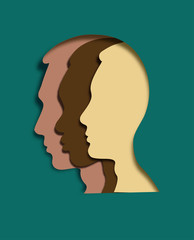 Tolerance concept in paper cut style. Multi-ethnic faces in one. Different ethnicity men: African, Asian, Chinese, European, Latin American, Arab. Vector illustration