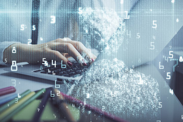 Multi exposure of woman hands working on computer and data theme hologram drawing. Tech concept.