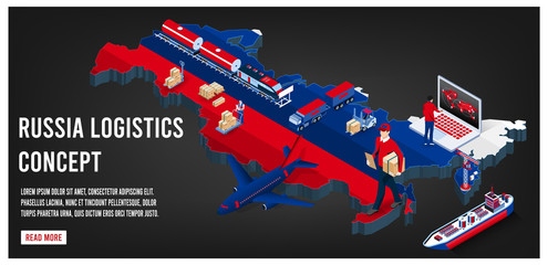 Modern isometric concept of Russia transportation with Global Logistics, Warehouse Logistics, Sea Freight Logistics. 
Easy to edit and customize. Vector illustration
