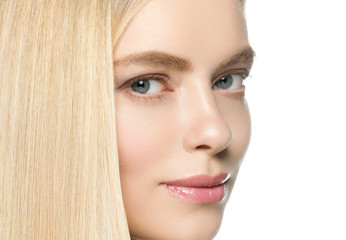 Fototapeta premium Beautiful woman blonde long smooth hair natural beauty smile happy