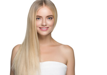 Beautiful woman blonde long smooth hair natural beauty smile happy