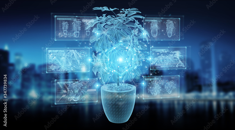 Poster holographic projection of a plant with digital analysis on blue background 3d rendering