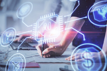 Double exposure of woman hands working on computer and data theme hologram drawing. Tech concept.