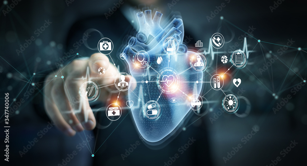 Leinwandbilder man using digital x-ray of human heart holographic scan projection 3d rendering