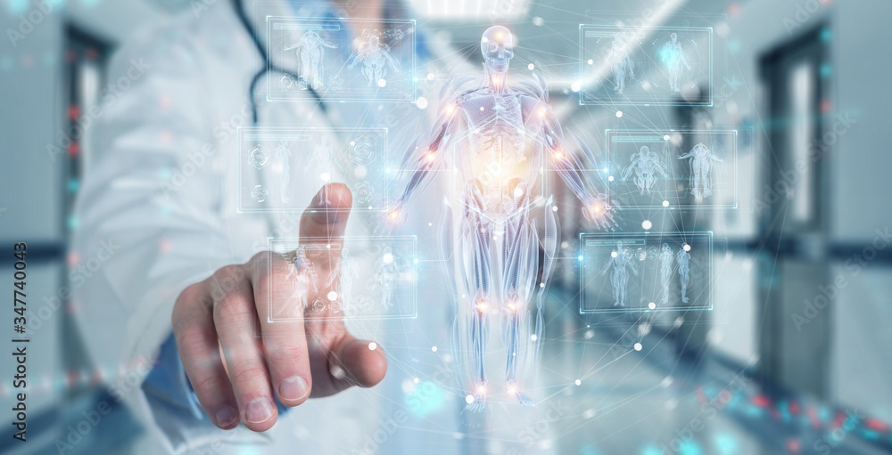 Poster radiologist using digital x-ray human body holographic scan projection 3d rendering
