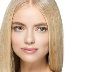 Fototapeta premium Beautiful woman blonde long smooth hair natural beauty smile happy