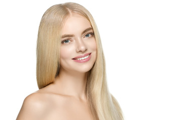 Naklejka premium Beautiful woman blonde long smooth hair natural beauty smile happy