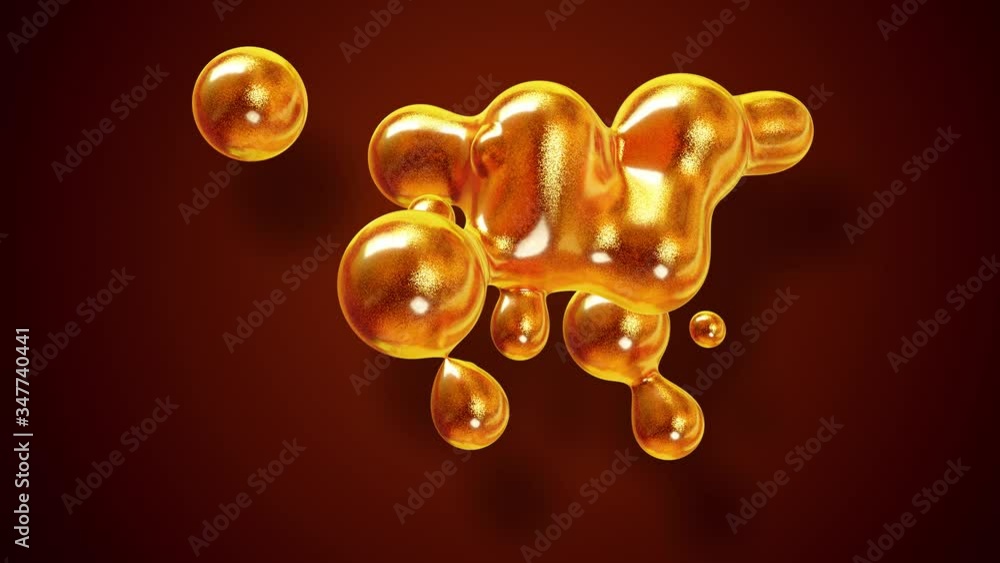 Poster amasing abstract background of metaballs as if glass drops or spheres filled with gold sparkles merg