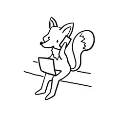 Cute fox with smartphone and laptop, black line vector character isolated. Business fox with phone and computer