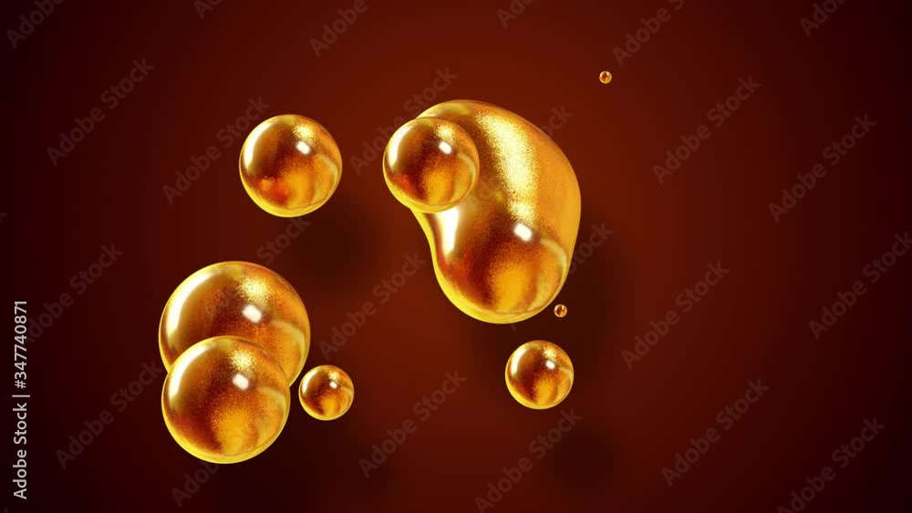 Poster amasing abstract background of metaballs as if glass drops or spheres filled with gold sparkles merg