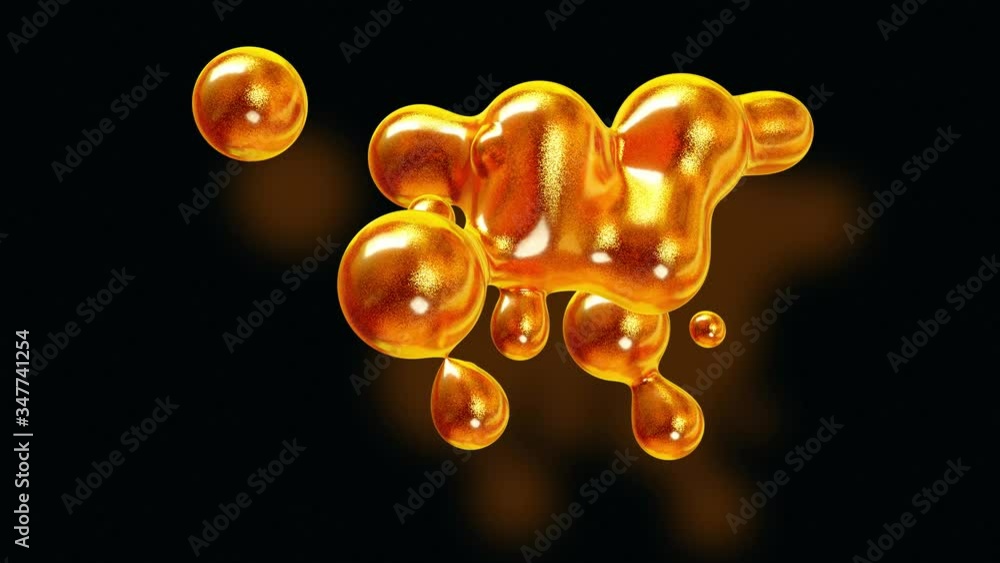 Poster amasing abstract background of metaballs as if glass drops or spheres filled with gold sparkles merg