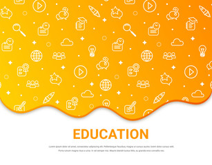 Education banner template. White online school line icons pattern on yellow fluid gradient background. E-learning texture Vector illustration for web site, advert, mobile app, wallpaper, social media