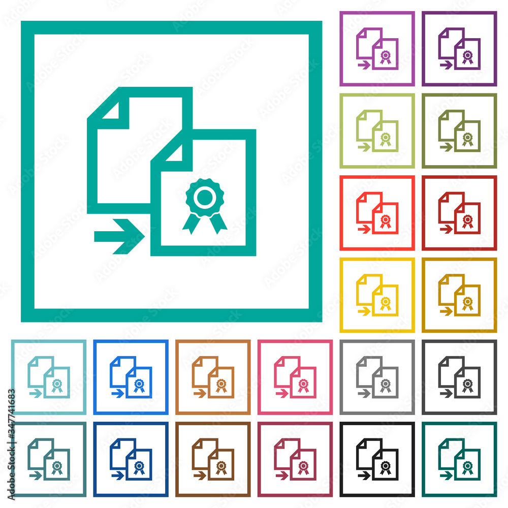 Sticker Copy certificate flat color icons with quadrant frames