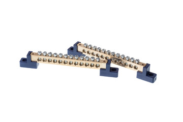 Set of long electric terminal blocks with blue plastic ends, isolated on white background