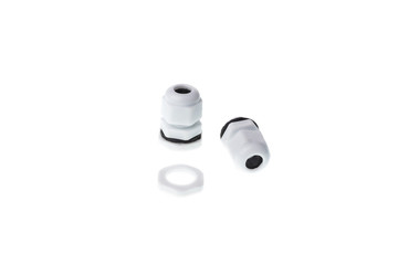 Small cable glands for automation panel connection, isolated on white background