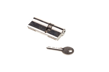 Cylinder lock mechanism for door lock with key, isolated on white background