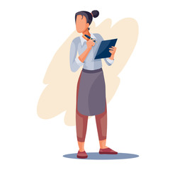 girl the waiter writes the order in his big notebook, isolated object on a white background, vector illustration,