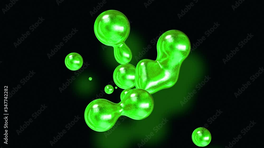 Poster amasing abstract background of metaballs as if glass drops or spheres filled with green sparkles mer