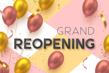 Grand opening, reopening ceremony vector banner. Realistic glossy balloons and confetti with 3d text. Opening template.