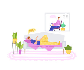 Psychological servise online, personal assistance. Upset girl lieng on sofa at home, calling to psychologist. doctor on device screen talking with costumer, helpful consultation. Isolated vector