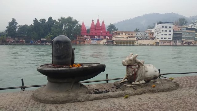Hindu religion symbols on the bank of the Ganges River, sacred waters