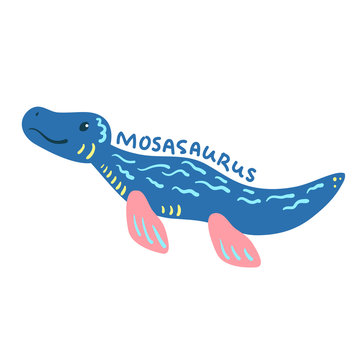 recommend clip art: Cartoon dinosaur Mosasaurus. Cute dino character isolated. Playful dinosaur vector illustration on white background