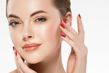 Obraz na płótnie Canvas Woman beauty healthy clean skin manicure nails hand touching face spa beautiful female concept